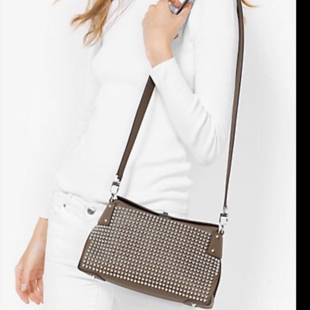 Michael Kors MIRANDA Luxury Taupe Studded French Calf Leather bag Like New RARE
